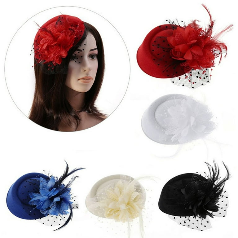 Honrane Exquisite Sweet Fascinator Hat with Hair Clip Decorative Anti-fall Faux  Feather Flower Mesh Veil Hat Hair Accessories 