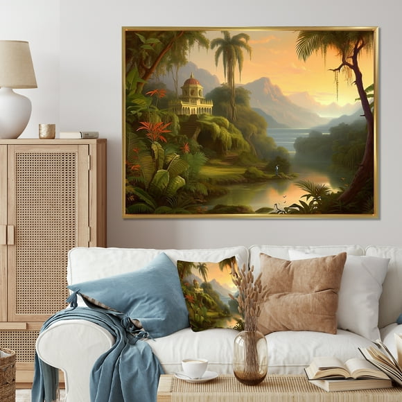 Designart Décor Mural Encadré Montagnes, art Mural Encadré Montagnes Paysager, Vue Côtière Pittoresque, Très Grand art Mural Traditionnel Encadré Or, 32x24 Pouces Cadre Doré