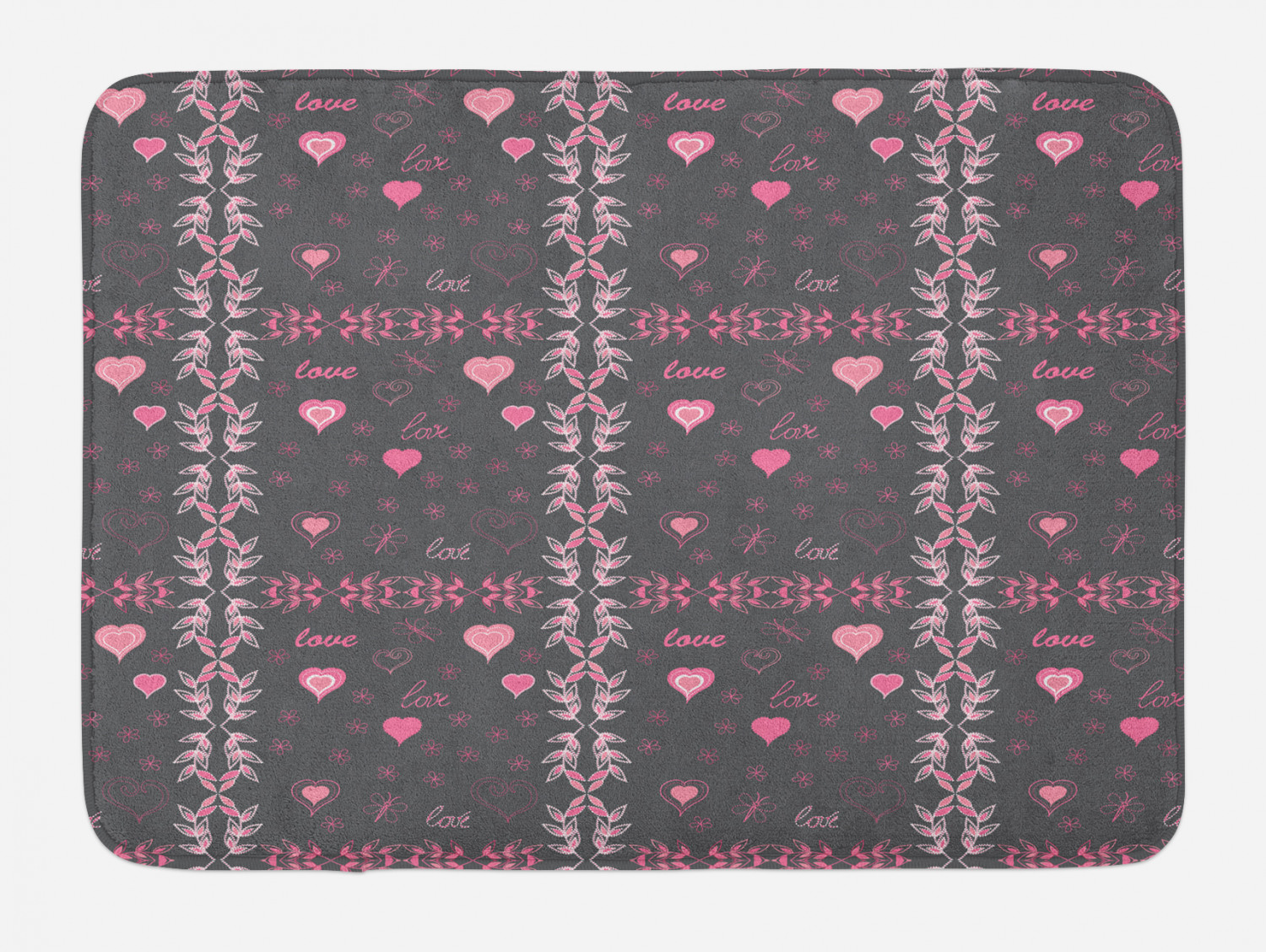 Pink and Grey Bath Mat, Spring Butterflies Flower Leaves Stylish Inspiration Season Concept, Non