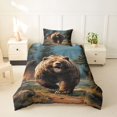 thumbnail image 2 of Castle Fairy Roaring Brown Bear Twin Duvet Cover,Log Cabin Mountain Woodland Twin Bedding,Teal Brown Green,Black Reversible,2pcs,No Comforter,1 Duvet Cover and 1 Pillowcase, 2 of 5
