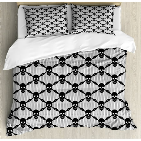 Themed Bedding Sets Gothic Duvet Cover Set, Halloween Horror Theme Spooky Black Skulls Checkered Pattern with Skeleton Bones, Decorative Bedding Set with Pillow Shams, Black White, by Ambesonne ()
