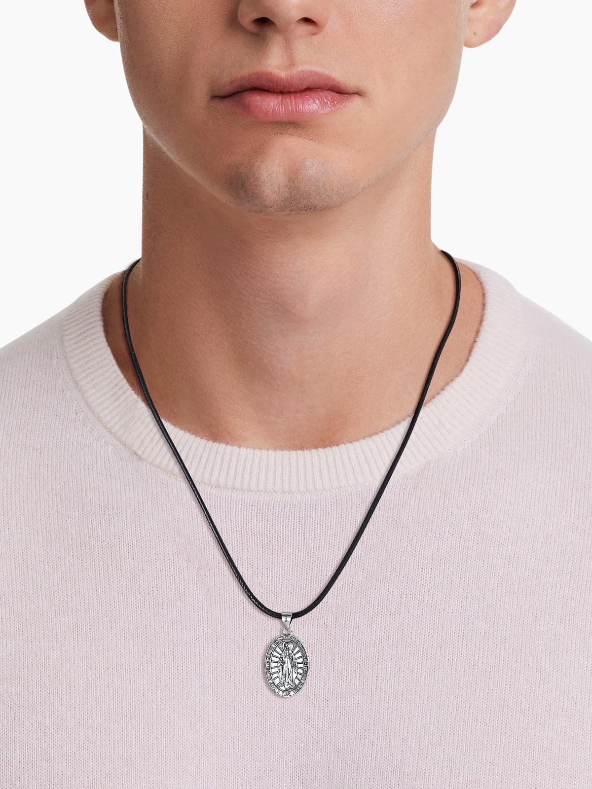 U7 Virgin Mary 925 Sterling Silver Medal Coin Pendant Leather Necklace for Women Men Religious Jewelry Gifts Protection for Her