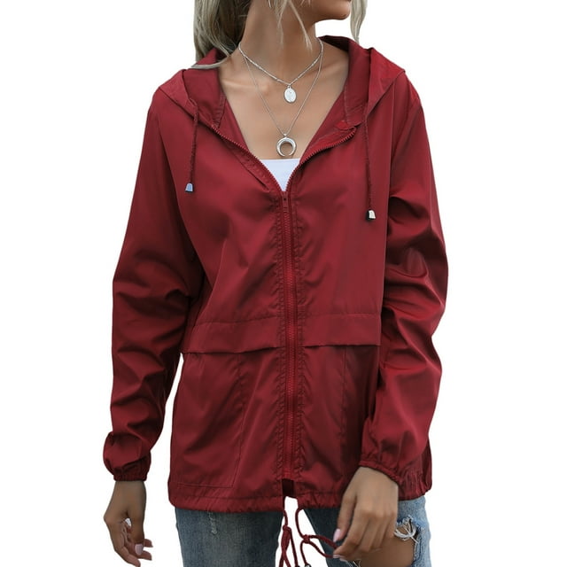 Women's Waterproof Spring Jacket Zipper Fully Taped Seams Rain Coat Spring Autumn Parka (Red, S)