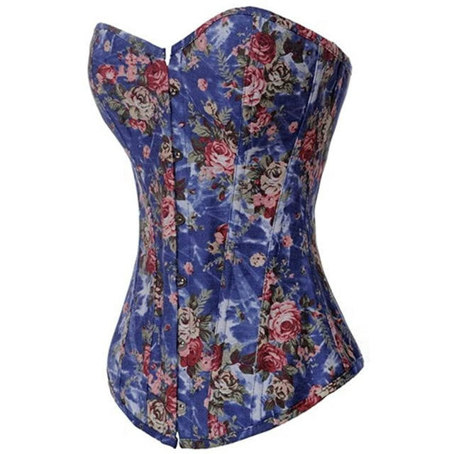 Womens Vintage Floral Denim Overbust Corset Bustier Top