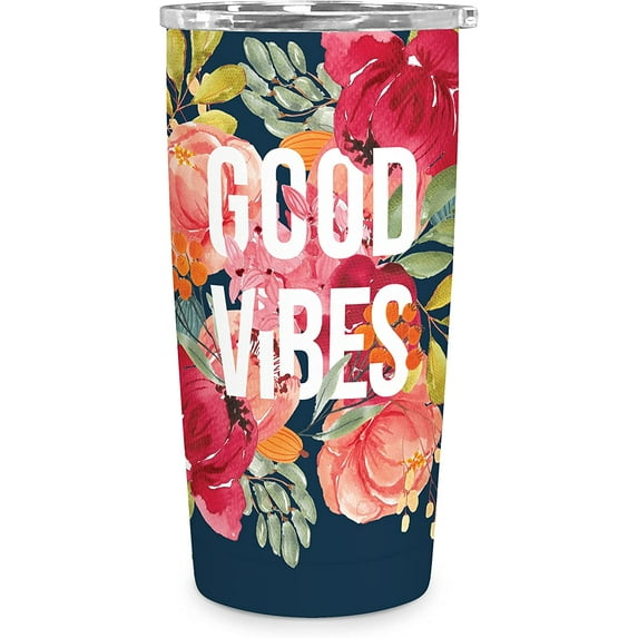 OCS Designs Insulated Stainless-Steel Tumbler- 17-Ounce Travel Cup - Good Vibes Floral - Double-Walled with Special Vacuum Seal