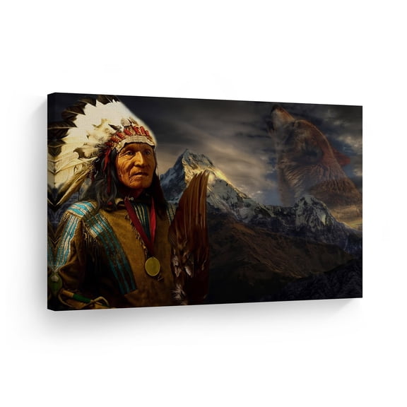 Smile Art Design Indian Wall Art Native American Chief with Medallion and The Wolf Canvas Print Home Decor Decorative Artwork Living Room Bedroom Office Wall Decor Ready to Hang Made in USA - 30x40