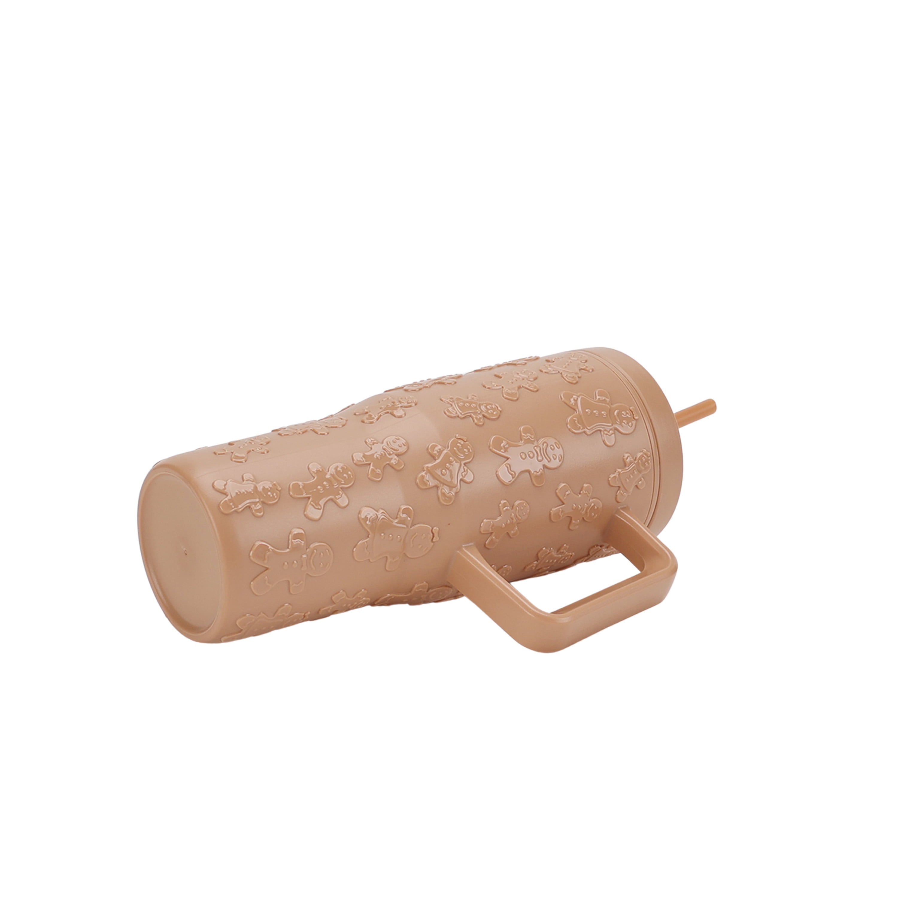 30 Ounce Tan Acrylic Double Wall Embossed Gingerbread Tumbler with Straw and Handle, by Holiday Time