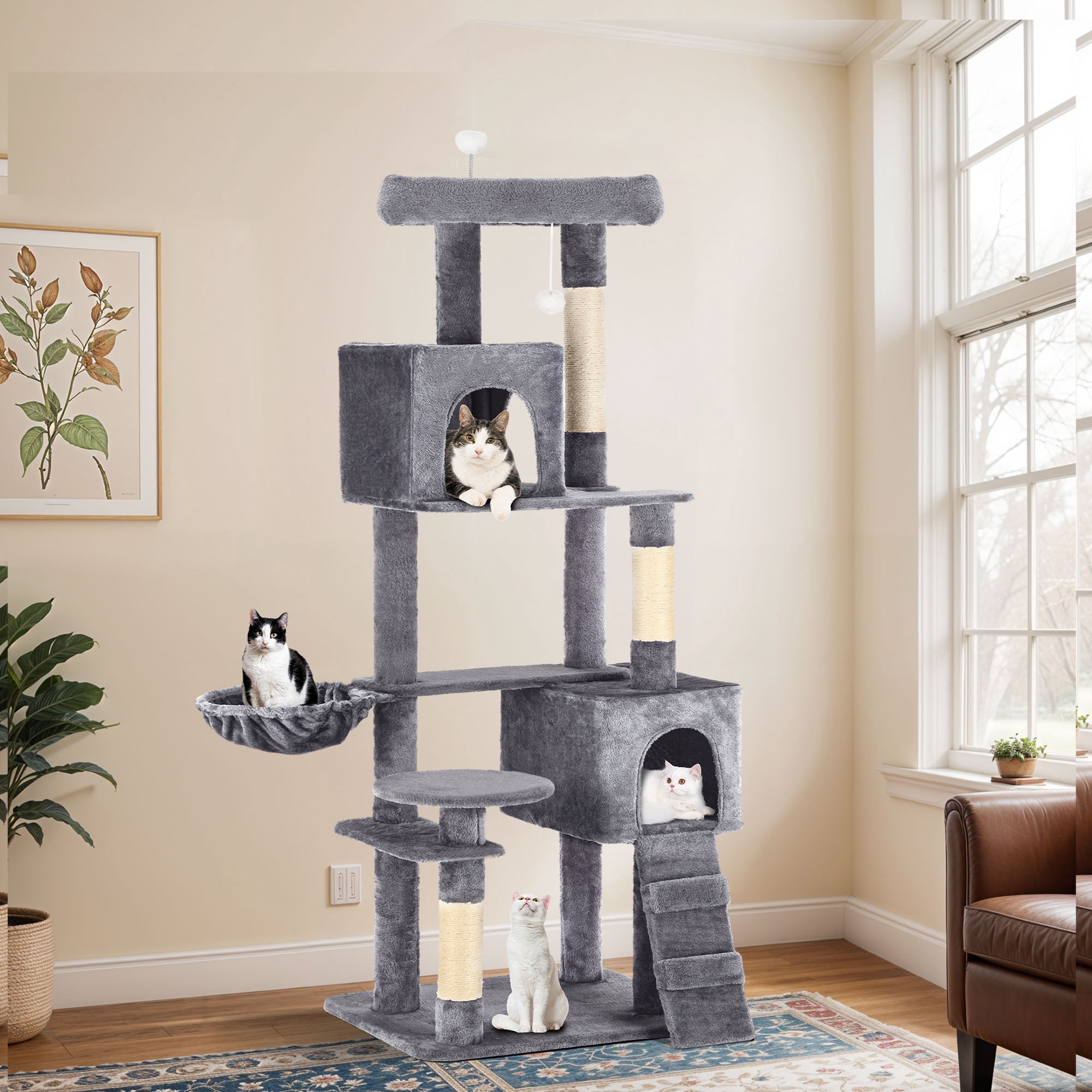 ModFusion Deluxe Multi-Level Cat Tree with Scratching Posts, Hammock, and Condos - 70" Tall, Light Gray