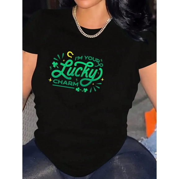 Lucky Charm Clover Horseshoe Women Short Sleeve Casual Graphic T-Shirt