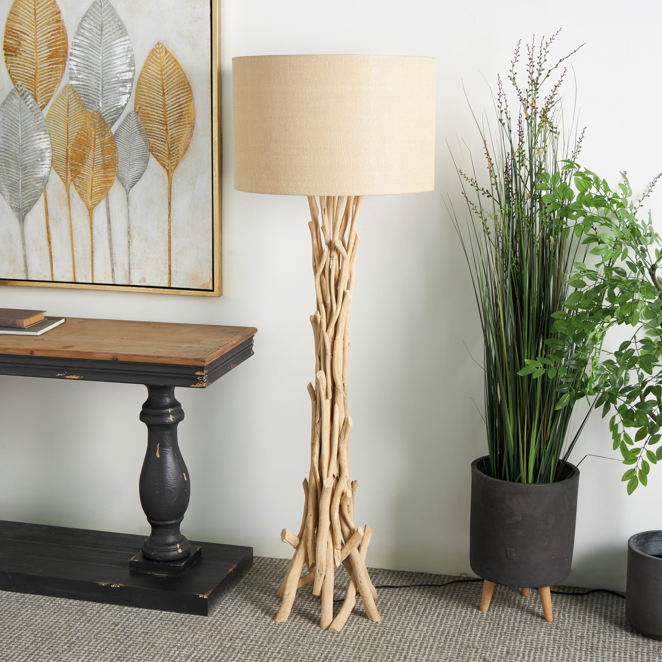 DecMode Rustic Tall Driftwood Floor Lamp with Beige Fabric Shade, 22"W x 62"H