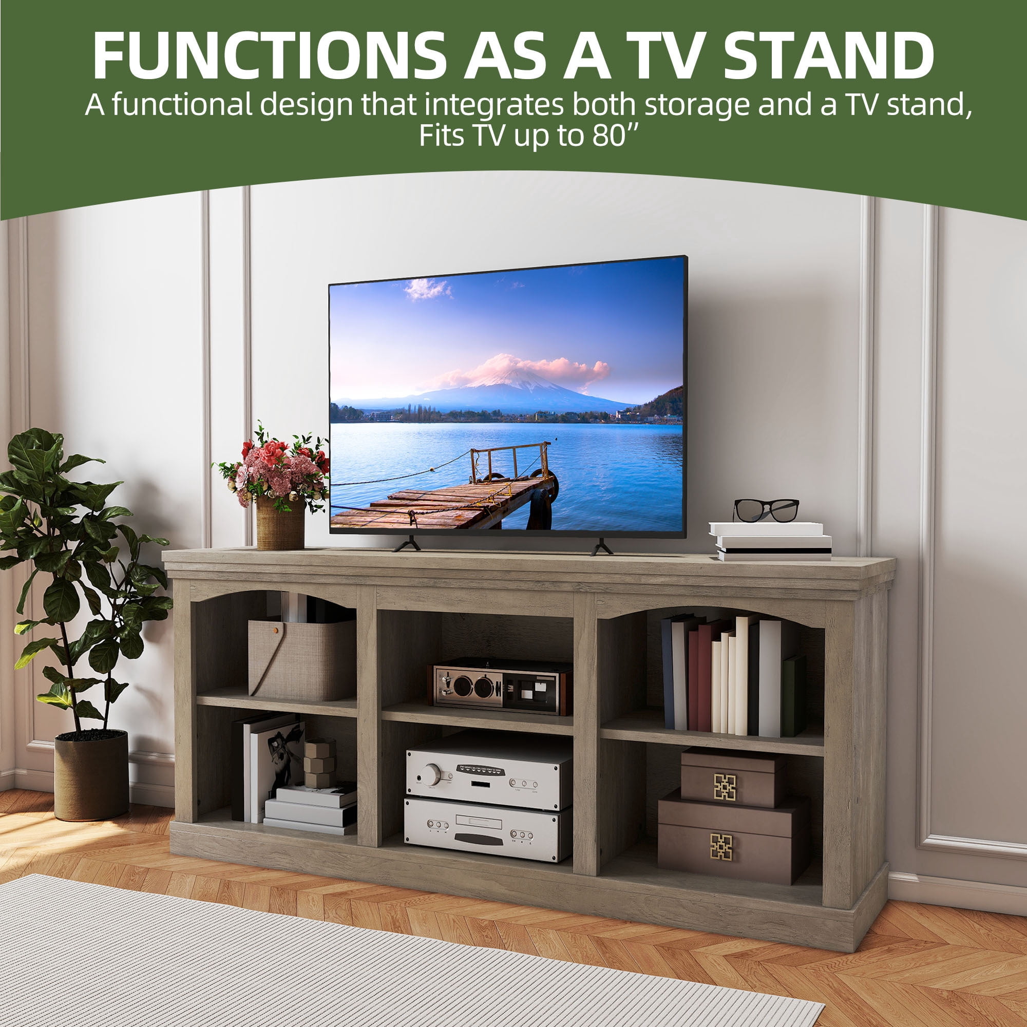 Uforic 70" TV Stand for 80 Inches TV, Farmhouse Entertainment Center with Adjustable Shelf & Storage Cabinets, Washed Gray