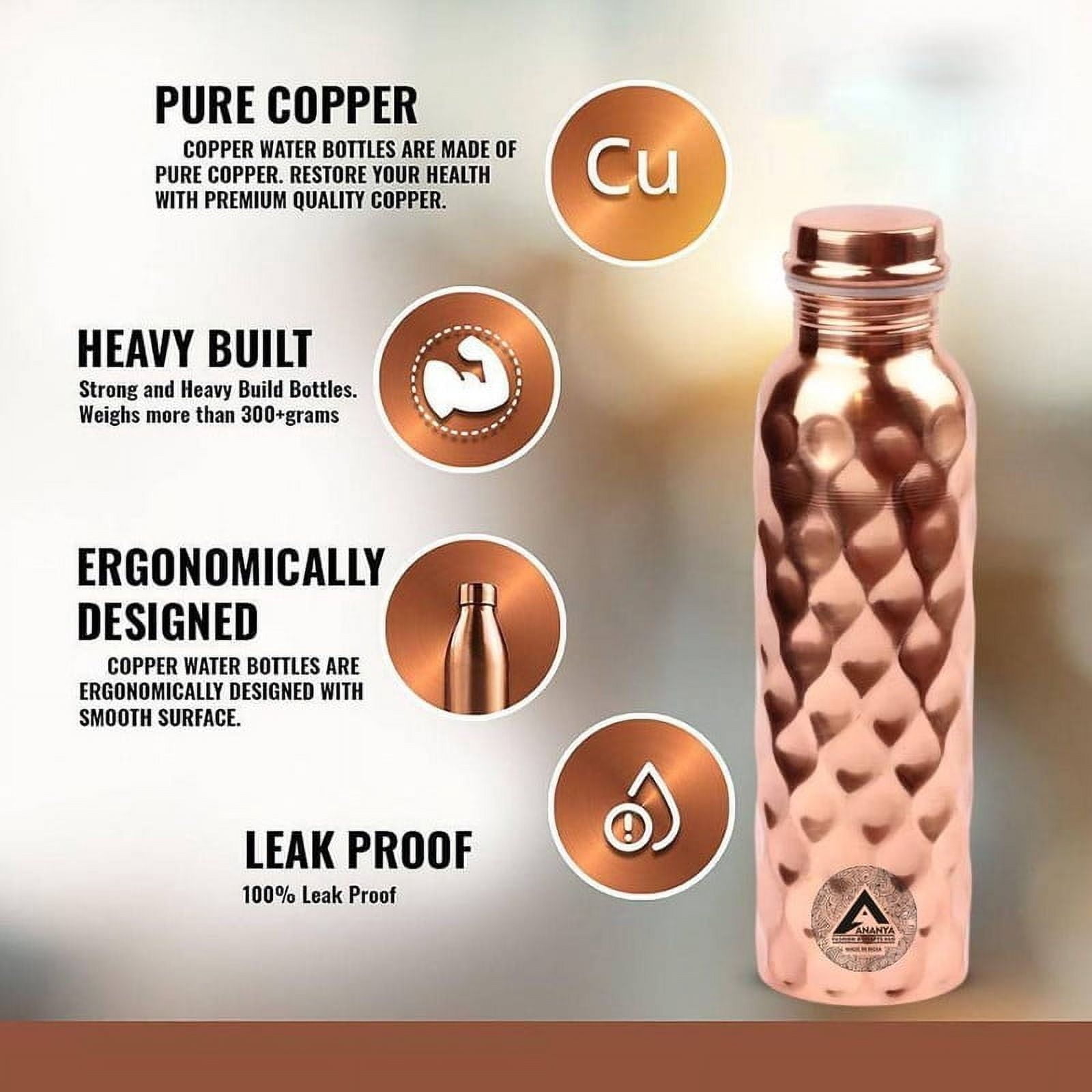 Set of 4 Diamond Pure Copper Water Bottle 950 ml, Cleaning Brush, Velvet Carry Bag Pitambari For Ayurveda Health Benefits