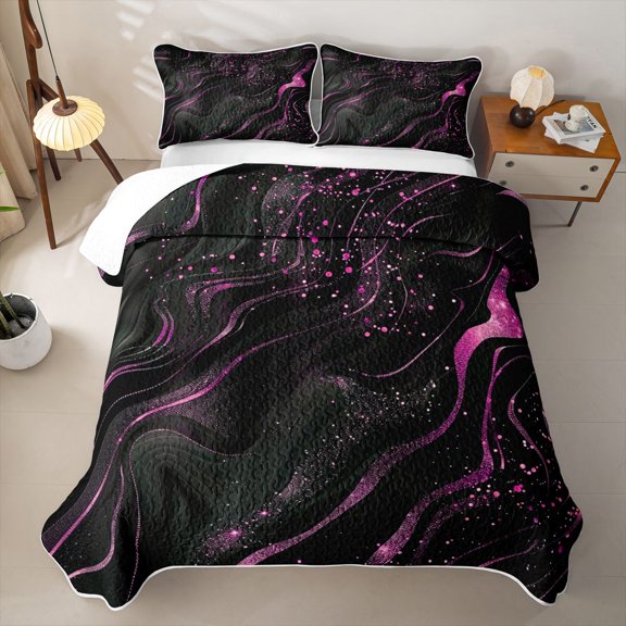 Erosebridal Black Pink Marble Twin Quilt Set for Women Men, Twinkle Abstract Ombre Twin Coverlet Set, 2-Piece