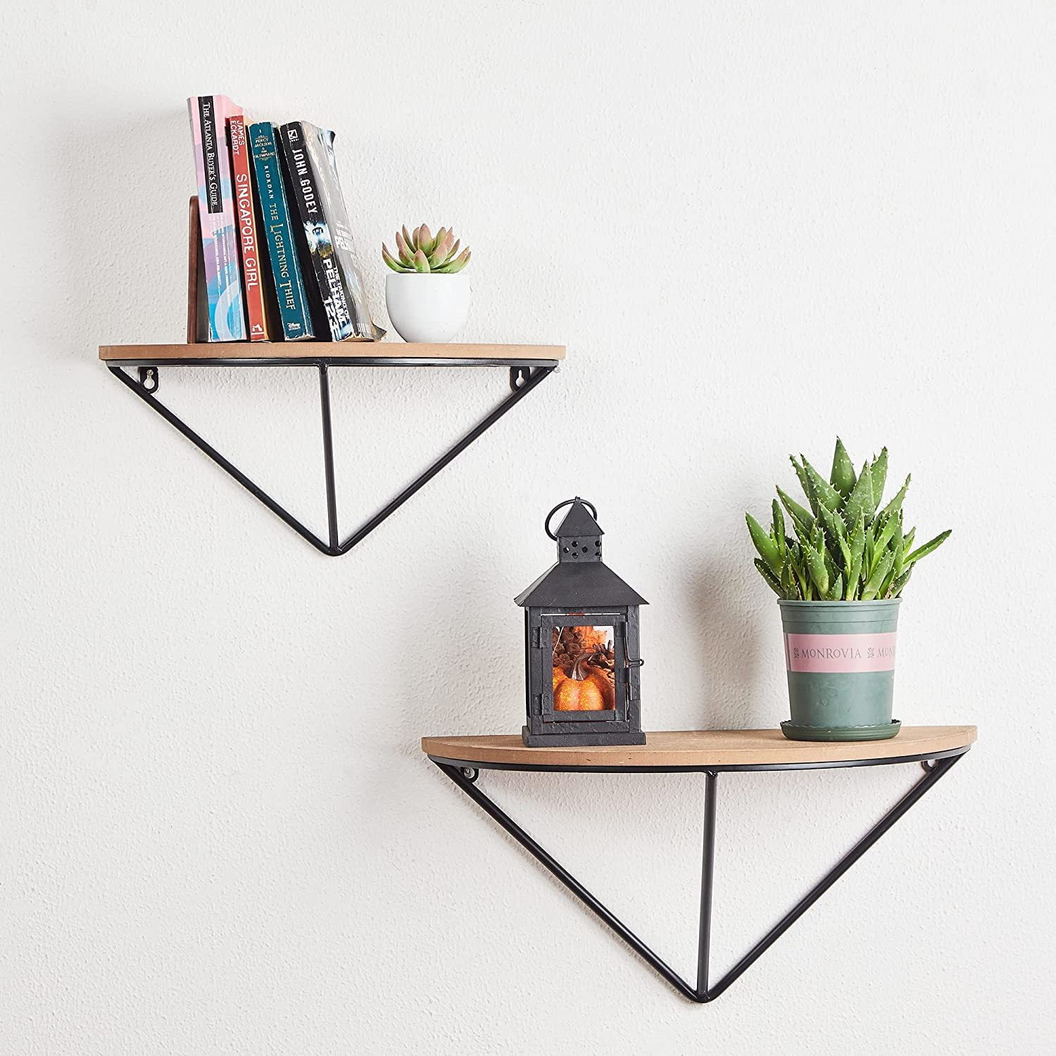 Farmhouse Modern Half-Round Firwood and Metal Floating Wall Shelves, Set of 2
