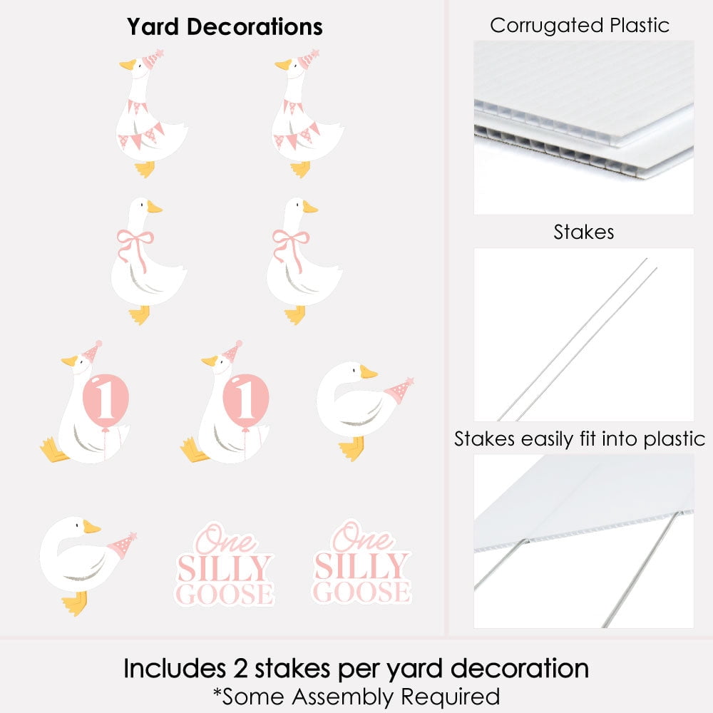 Big Dot of Happiness One Silly Goose Pink Outdoor Decorations, Girl 1st Birthday Party Lawn Ornaments, Goose-Themed Yard Signs with Stakes - 10 Piece Set