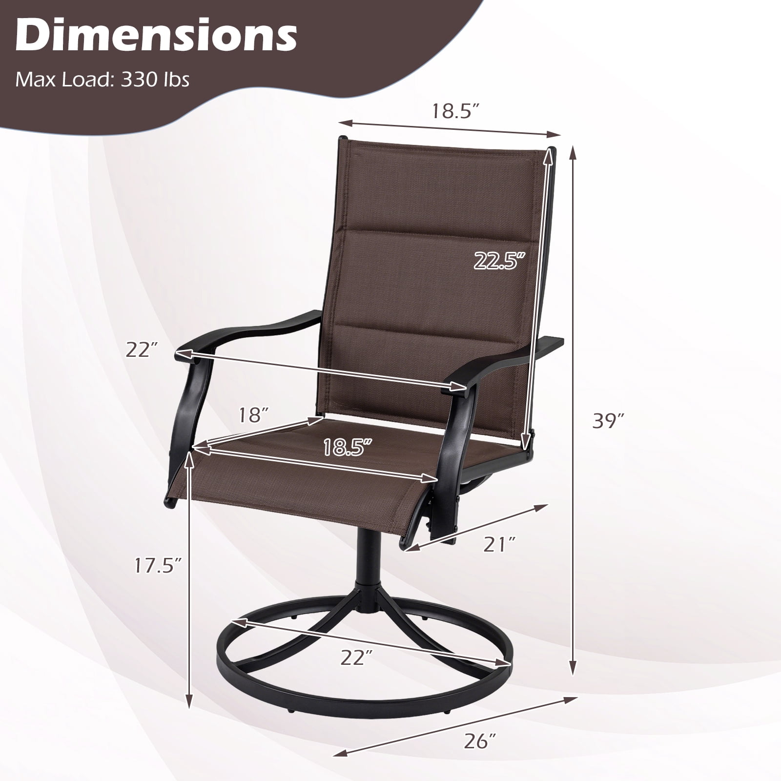 Gymax Padded Patio Swivel Chairs Set of 2 Ergonomic Outdoor Dining Chairs w/High Back Brown