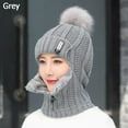 thumbnail image 1 of Women Siamese Scarf Windproof Winter Warm Knitted Hat Hat Scarf Set Beanies Caps Pompoms Hat GREY, 1 of 8
