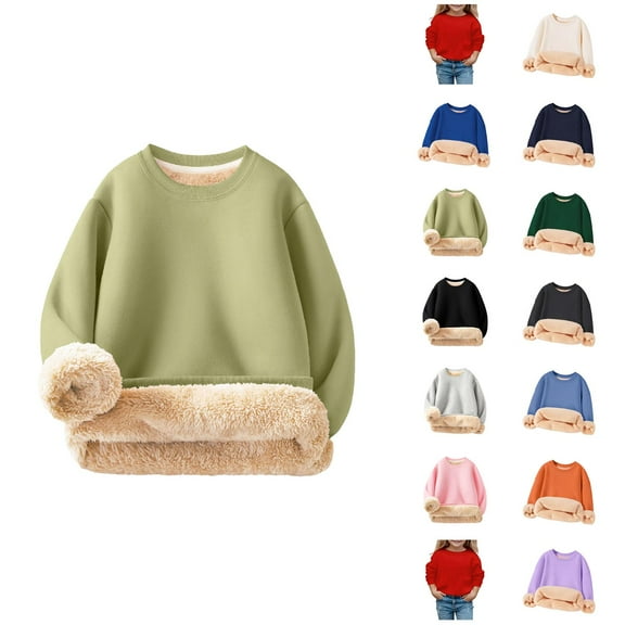 Kids Lined Sweatshirts Winter Warm Long Sleeve Crewneck Plain Sweatshirt for Boys Girls Kids Pullover Tops