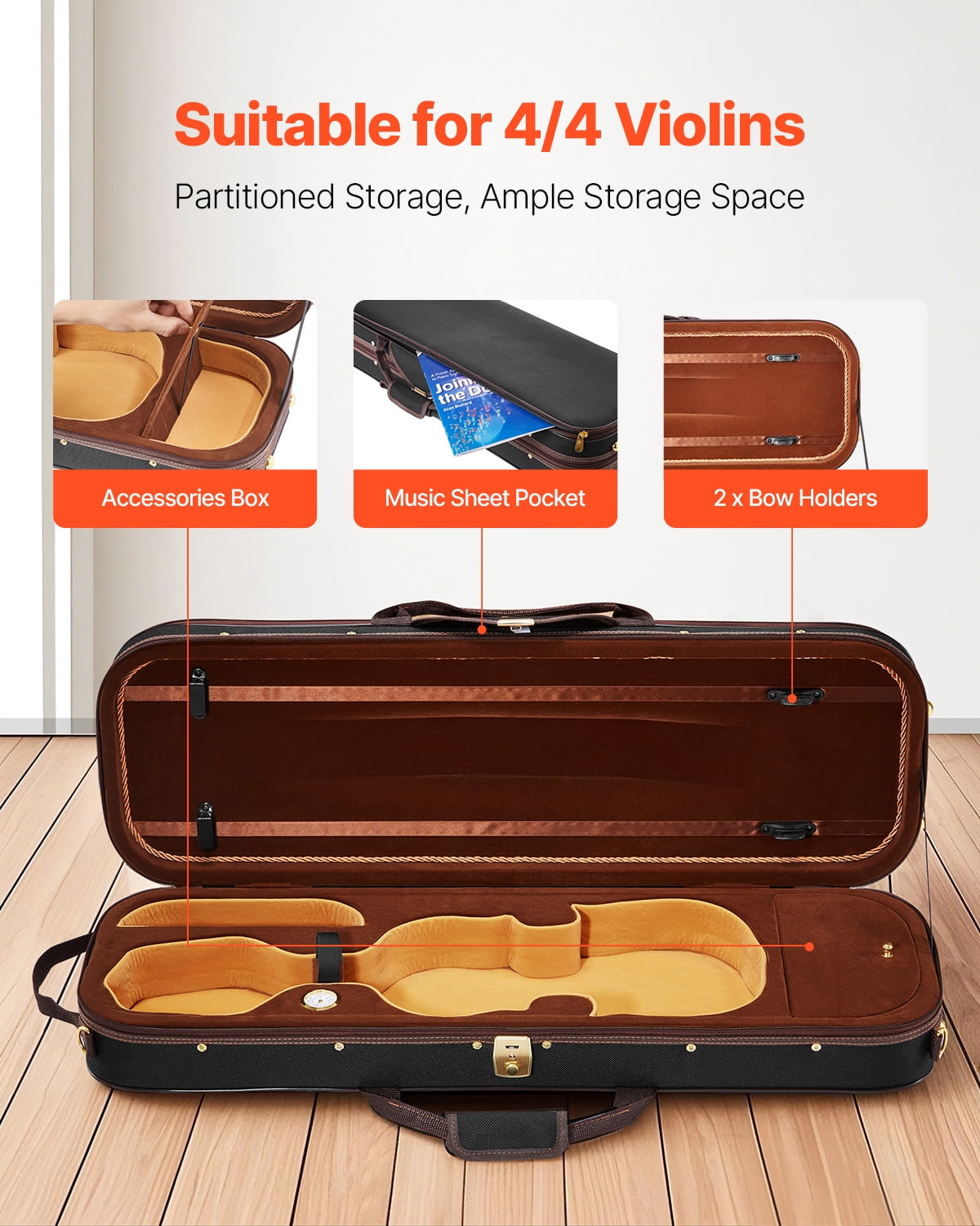 VEVOR 4/4 Full Size Violin Case, Built-in Hygrometer, Lightweight Portable Travel Carrying Bag, with Plush Lining, Shoulder Straps, Anti-Scratch, Professional Oblong Shape, for Violin, Black