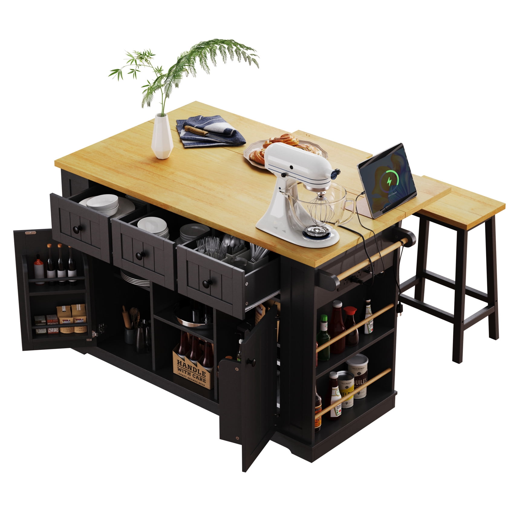53" Kitchen Island On Wheels, Rolling Kitchen Island Cart with Drop Leaf & Power Outlet, Barn Door Kitchen Island Table with Storage Cabinet and Tower Rack for Kitchen, Dining Room, Black