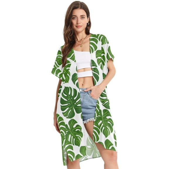 Beach Vacation Clothes Kimono Cardigan Loose Swimsuit Cover Up for Women Monstera Leaf S