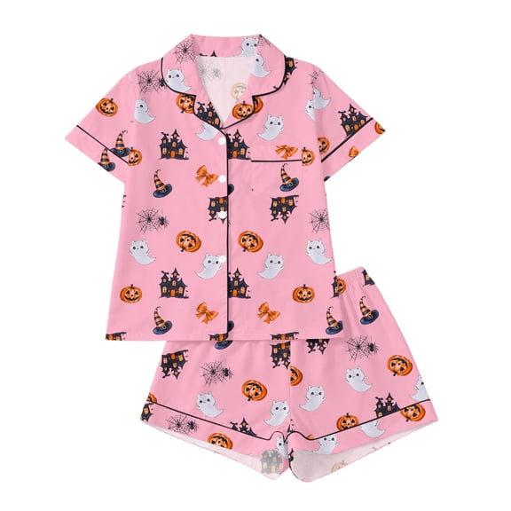 OOOUM Girls Button Down Loungewear Set Kids Short Sleeve Shorts Lounge Set Toddler Holiday Two Piece Outfits 9-10 Years