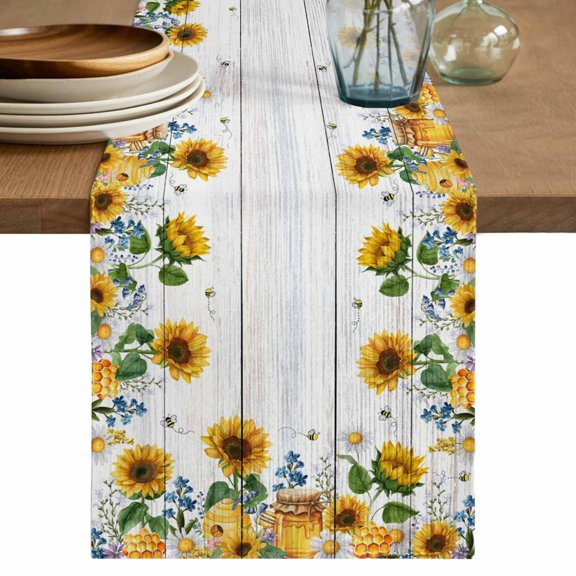 Table Runner 72 Inches Long for Kitchen Dining, Sunflowers Dresser Scarf Farmhouse, Dining Table Decorations for Wedding/Parties, Floral Green Leaves Bees Watercolor Wooden 16 x 72 In