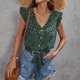 thumbnail image 3 of Camiseta informal de verano con cuello en V y cierre de botón con volantes y estampado de puntos para mujer para uso diario, 3 of 8