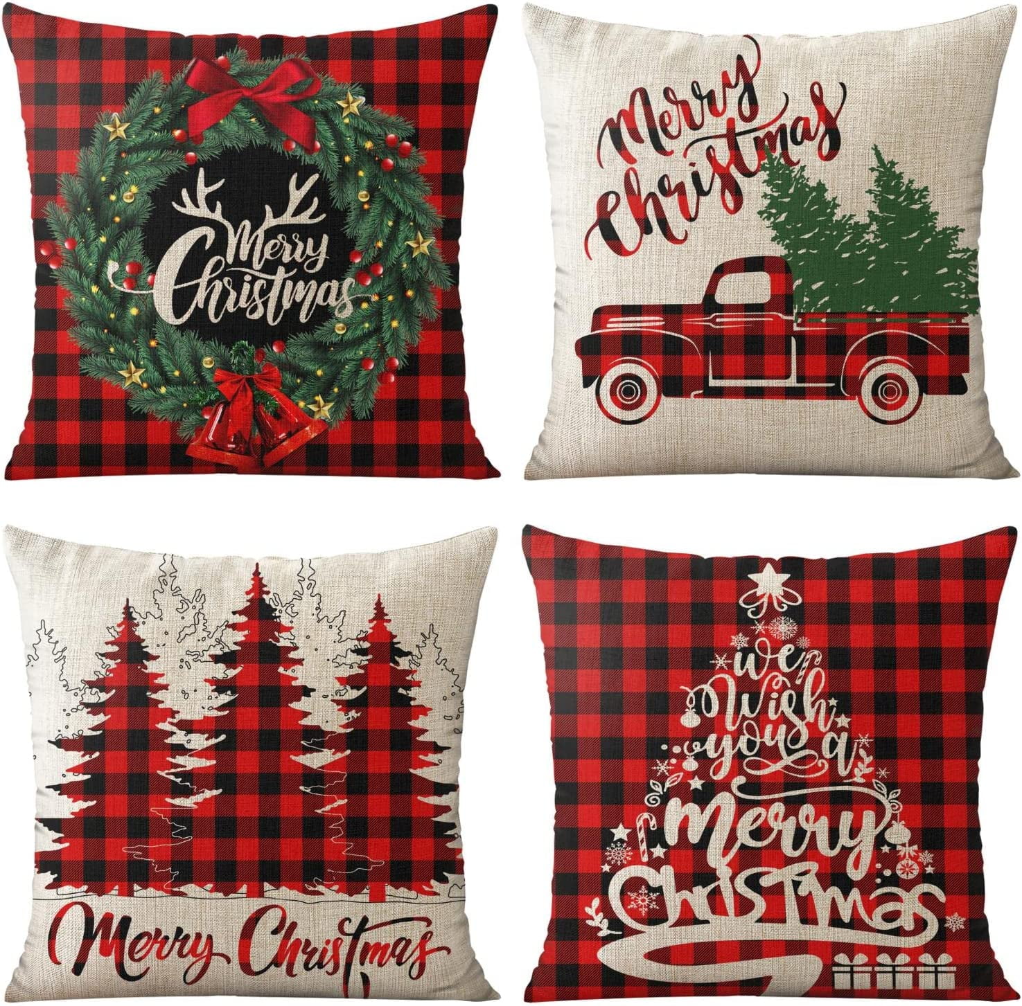 Christmas Pillow Covers 20x20 Set of 4 Double Sided Printing Linen