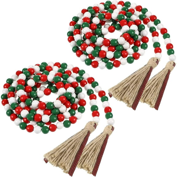 2 Pieces Christmas Wooden Beads Garland 66inch Farmhouse Garland with Buffalo Plaid Tassel Winter Rustic Tier Tray Decor for Xmas Tree Holiday Ornaments Decor