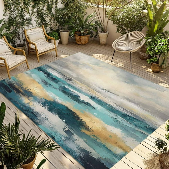 Fsddascl Teal Gold Coastal Wave Outdoor Rug for Patio/Deck/Porch, Non-Slip Large Area Rug 4 x 6 Ft, Abstract Oil Painting Ocean Indoor Outdoor Rugs Washable Area Rugs, Reversible Camping Rug Carpet