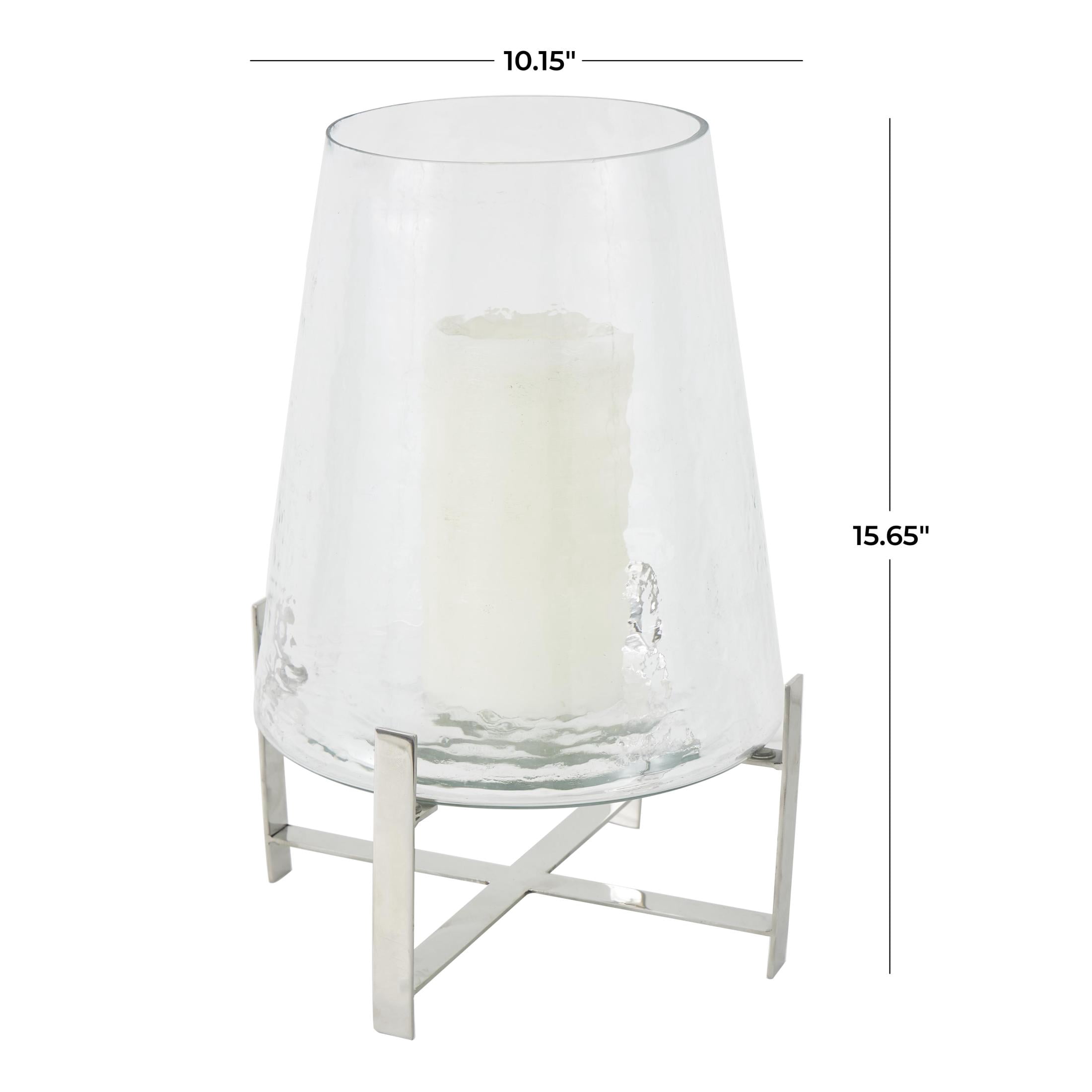 DecMode Stainless Steel Metal Hurricane Lamp with Stainless Steel X Shaped Base