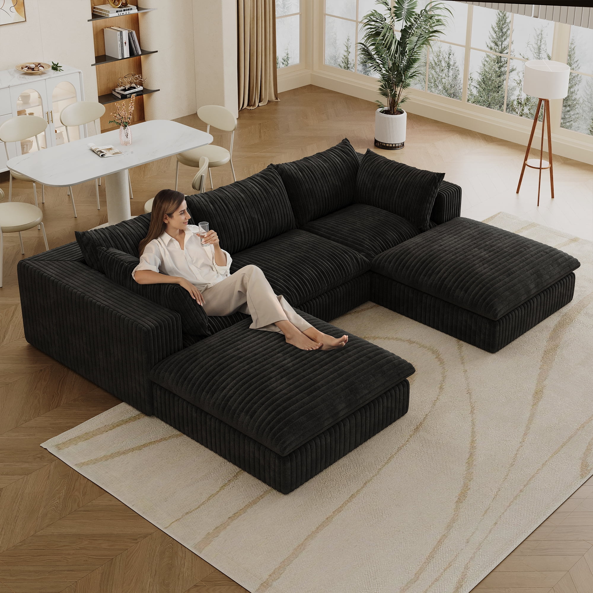MAYEERTY 118.2" Cloud Sofa Black Corduroy Fabric Deep Seat Double-Layer Design Removable Cushion No Assembly DIY Combination for Multi-Rooms