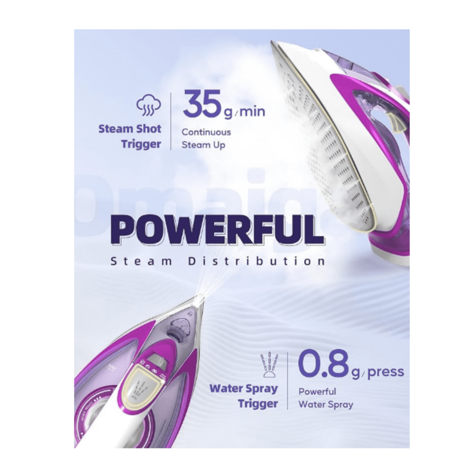 Steam Iron for Clothes, 1750W Iron with Rapid Heating, Non-Stick Ceramic Soleplate, Powerful Steam, Self-Cleaning, Auto-Off, Anti-Drip, 15.21oz Water Tank Ironing Clothes for Home, Purple