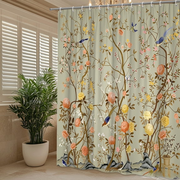 Chinoiserie Floral Bird Shower Curtain, Vintage Botanical Design, Elegant decor,Nature-Inspired Bathroom Decor