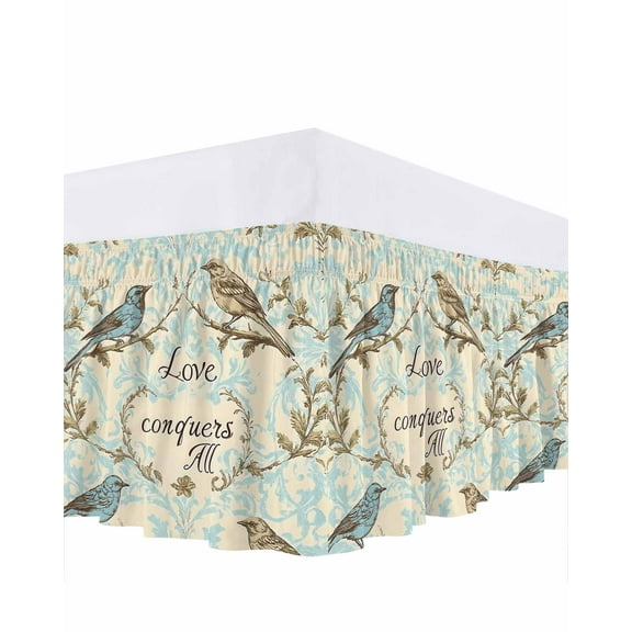 Vintage Bird Bed Skirt Queen Size 16" Drop Love Floral Teal Blue Watercolor Ruffled Wrap Around Bed Skirts Adjustable Elastic Bedskirt Dust Ruffle for Queen Size Bed