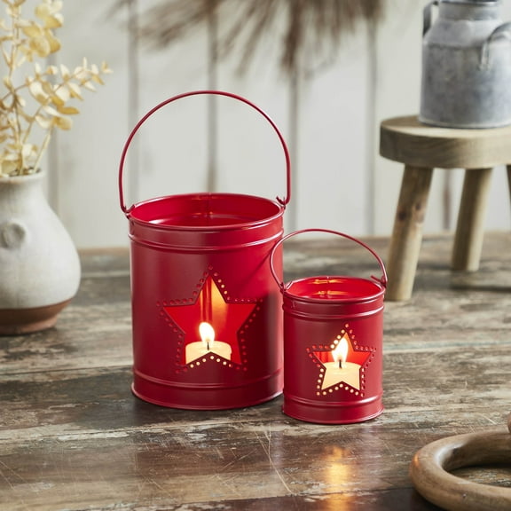 VHC Brands Votive Candle Holder w/Star Cutout Barn Red Set of 2 Sizes