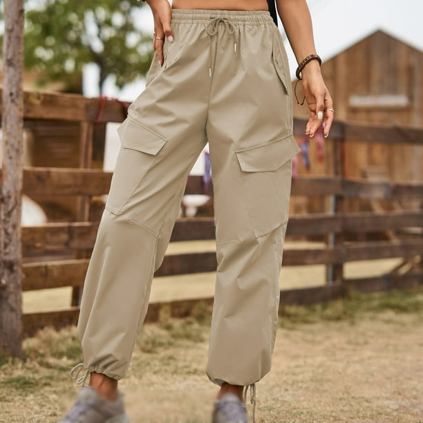 EQWLJWE Plus Size Cargo Lounge Pants for Women Spring And Summer New Solid Pocket Bandage Elastic Waist Fashion Casual Full Length Pants Cargo Pants