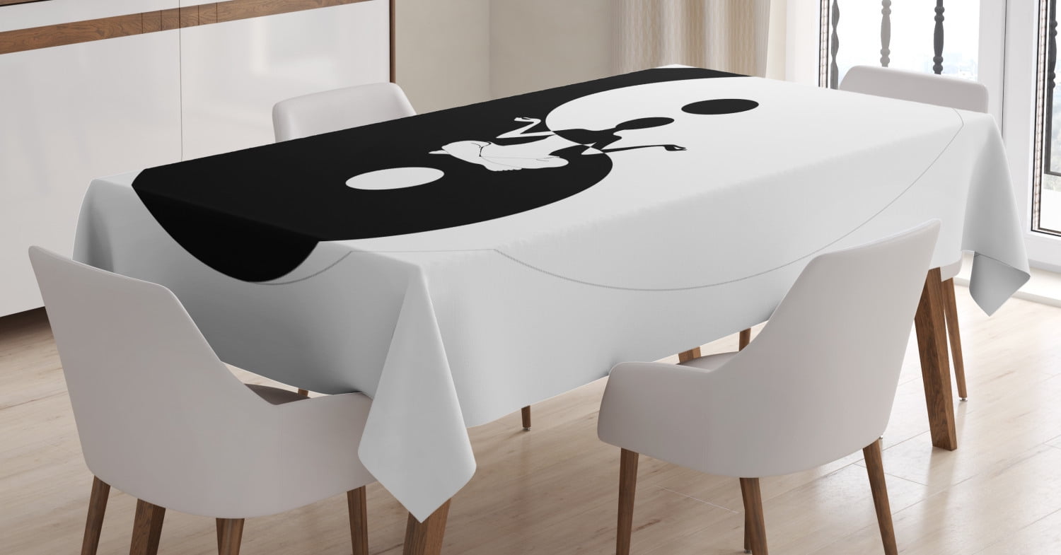Ambesonne Yin Yang Tablecloth 60 X 90 Rectangular Table Cover for Dining Room Kitchen Decor Black and White Human Silhouette Doing Yoga Staying in Balance with Lotus Pose for Serenity 