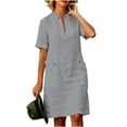 thumbnail image 2 of Summer Womens Dress with Pockets Cotton Linen V Neck Short Sleeve Casual Solid Color Midi Dress, 2 of 7