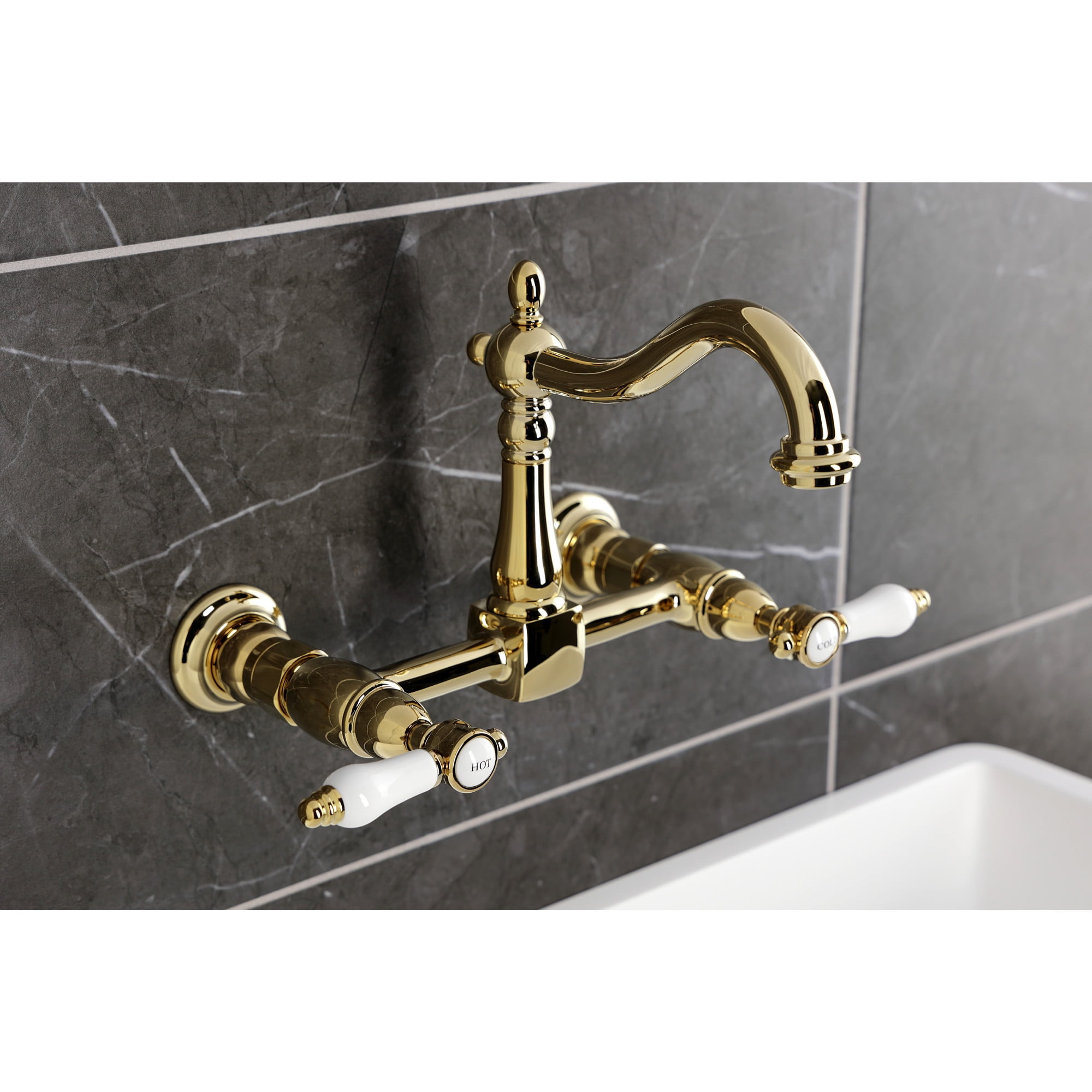 Kingston Brass KS1262BPL Bel-Air Double-Handle Wall-Mount Bridge Kitchen Faucet, Polished Brass