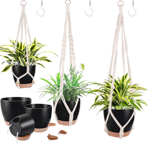 West Bay 3 Set Hanging Planters with Macrame Plant Hangers for Indoor Outdoor Plants Self Watering Pots Hanging Baskets Flower Pot Holders (Black)