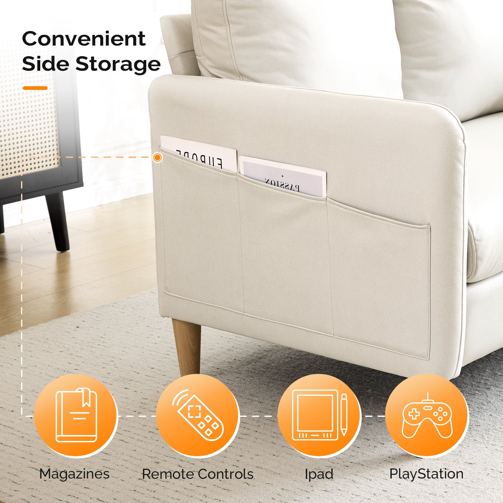 Ktaxon Loveseat Sofa with Side Bags 47" 2-Seat Small Couch with Wood Legs for Living Room Bed Room Beige Faux Leather