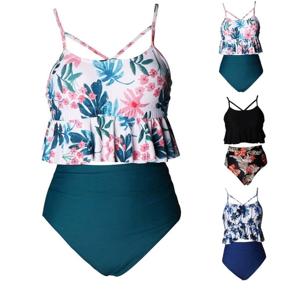 Shadoumai Girls Tankini Swimsuits 10/12 Cut Out Girls' Bikini Sets Spaghetti Strap Girls Swimwear Tankini 2pcs Girl Bathing Suit Tropical Floral Girls' Swimwear with Print Shorts