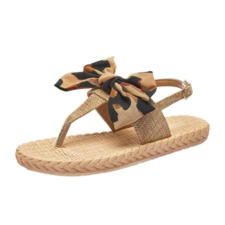 

TUOBARR Sandals Women Dressy Summer Flat Women s Herringbone Slippers With Leopard Print Bow Sandals On The Sole Brown