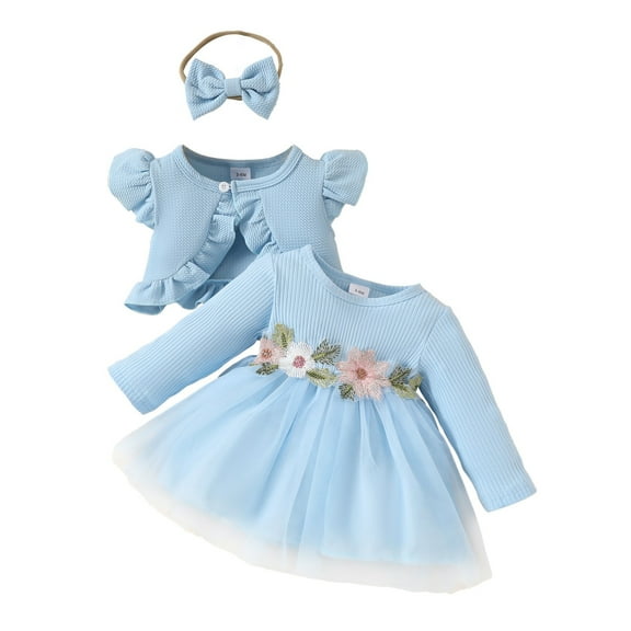 Odeerbi Toddler Girls Fall Winter Outfits Tulle Rib Knit Dress Ruffle Shrugs Set Floral Ruffle Sleeve Top Jacket Long Sleeve Dress Headband Three Piece Set Toddler Clothes Light Blue