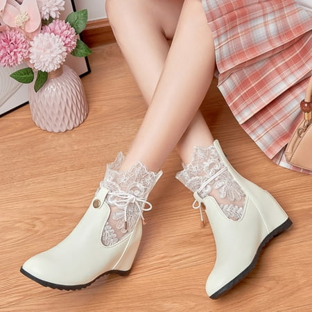 

MIASHUI Ladies Solid Color Leather Lace Hollow Hollow Inner Height Fashion Short Boots Women Sneakers Shoes Wedges Women Shoes Casual