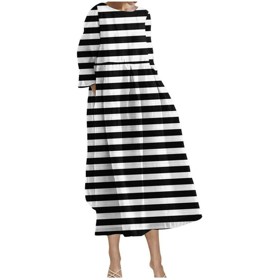 MIUOWANP Sweatshirt Dress Long Women's Short Sleeved Round-neck Fashion Print High Waist Mid-Calf Dress