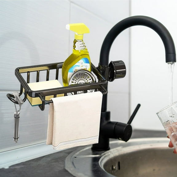 Faucet Sponge Holder Organizer Rack with Drip Tray, High Capacity Sink Caddy for Kitchen & Bathroom, Tool-Free Installation, Space Saving Drying Rack for Sponges Brushes Soap Dispensers