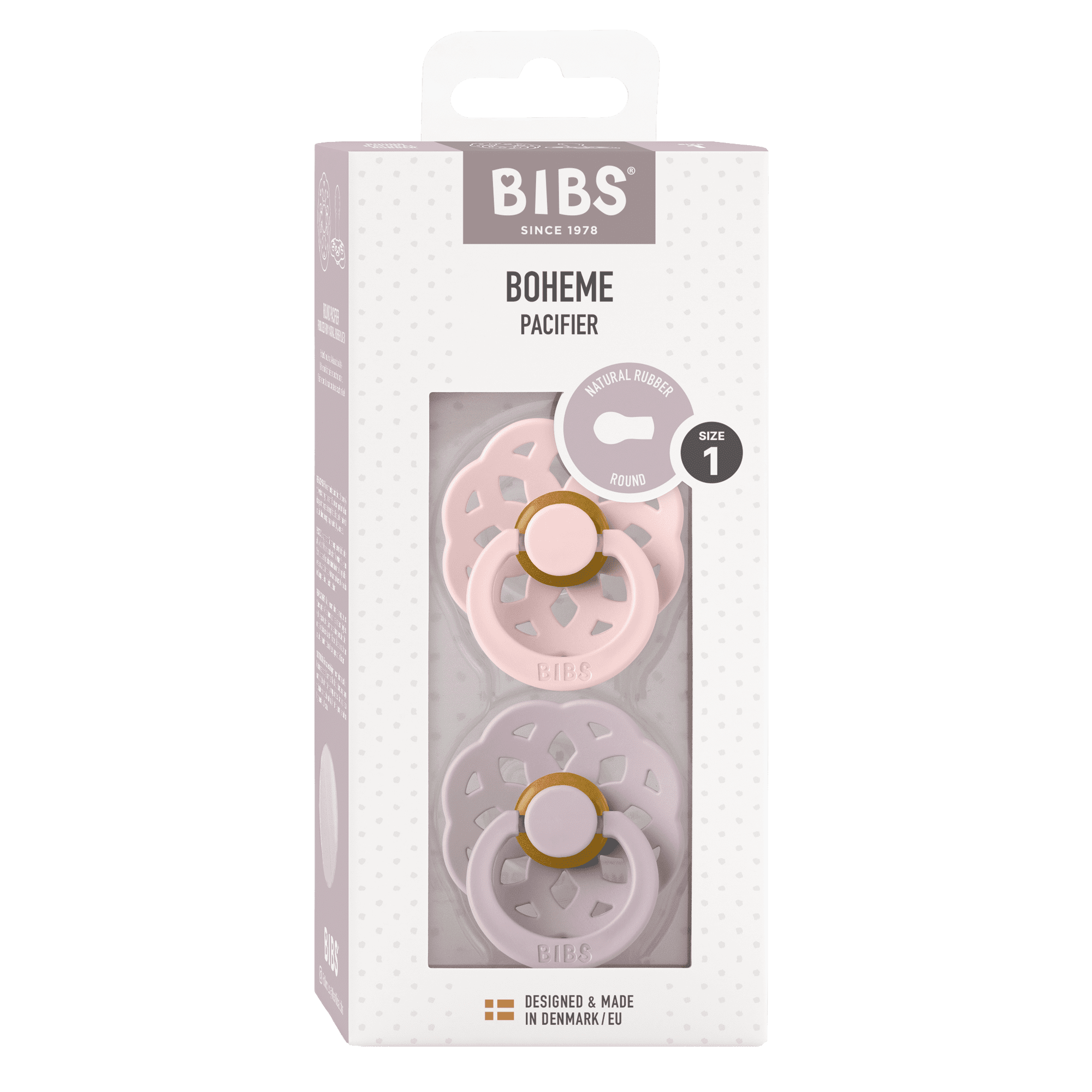BIBS Infant Pacifier Boheme Latex Size 1, 0-6 Months, Blossom/Dusky Lilac, 2 pack